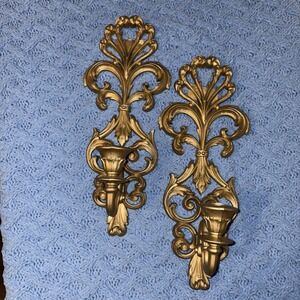 Vintage Burwood Set Hollywood Regency 2 Gold Wall Candle Holders VeryShiek!